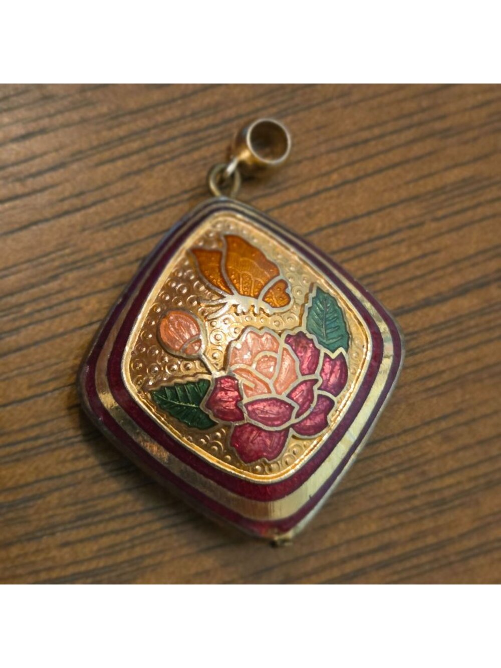 Vintage Gold Tone Red & Green Cloisonne Butterfly & Floral 1" Pendant